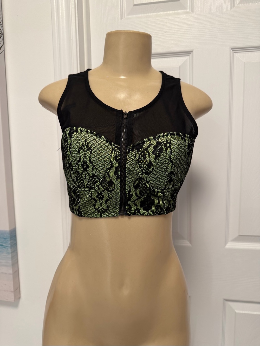 Black & Green Lace Zip-Front Crop Top